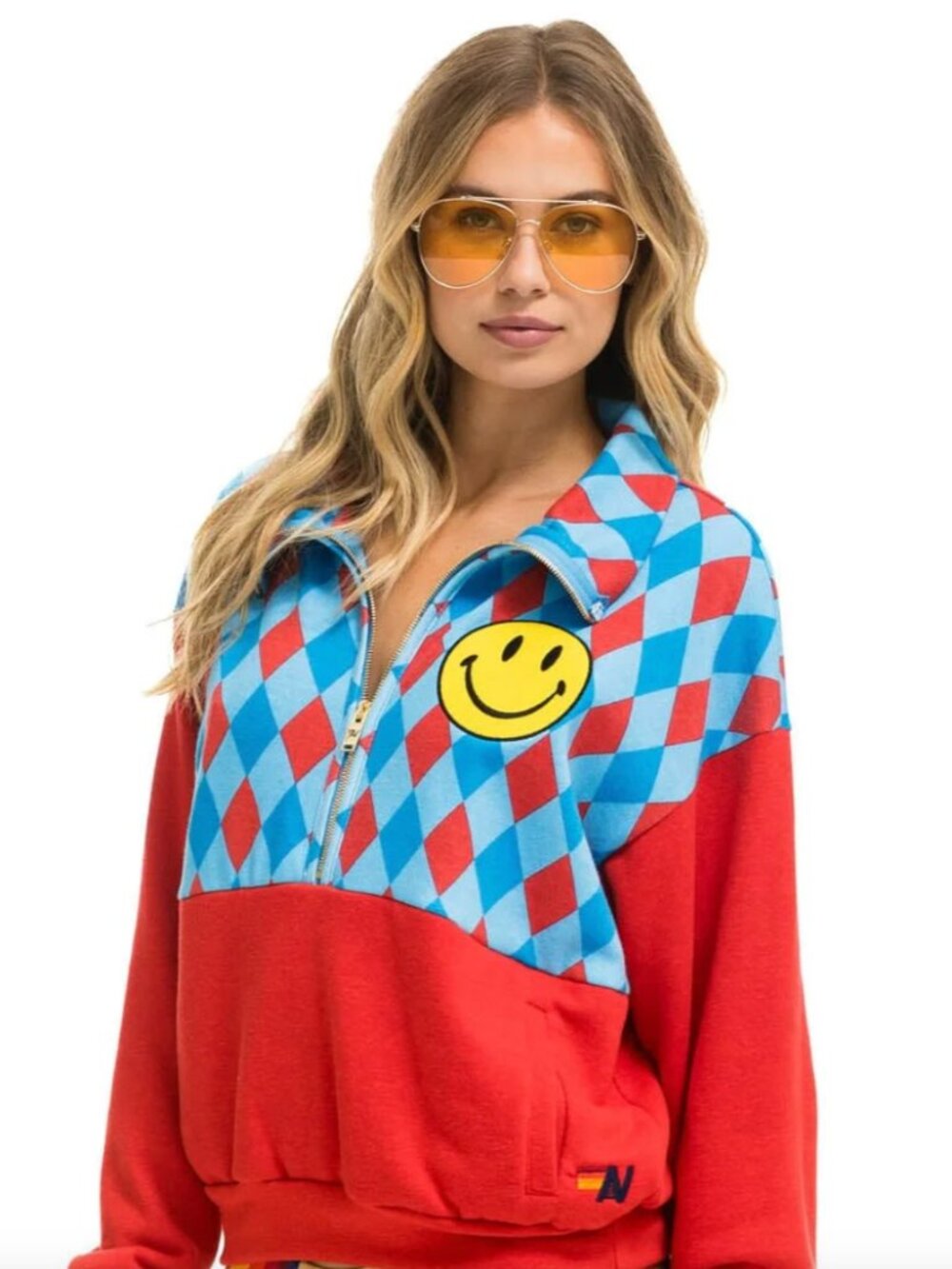Aviator Nation DIAMOND SMILEY 2 FLEECE HALF ZIP COLOR BLOCK SWEATSHIRT